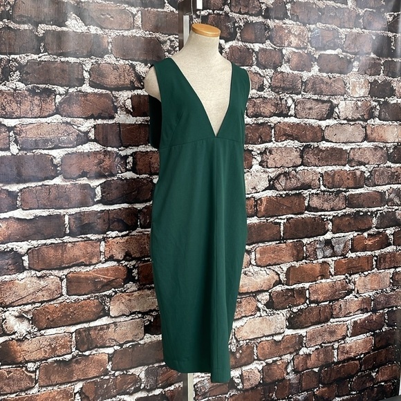 Simple Retro Dress Womens Large Green V-Neck Midi Sleeveless Open Back - Picture 8 of 17